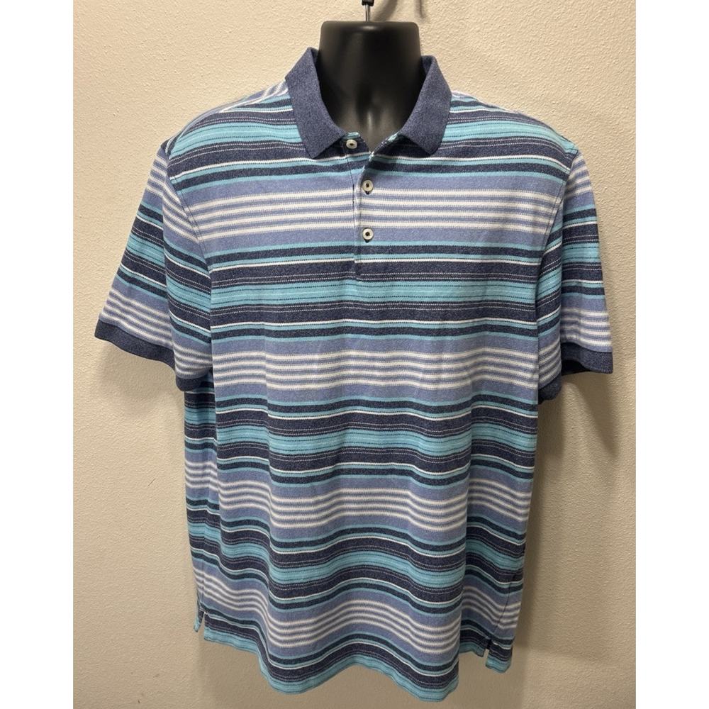 Cremieux mens polo shirt size XL stretch blue Purple striped side‎ slit collared